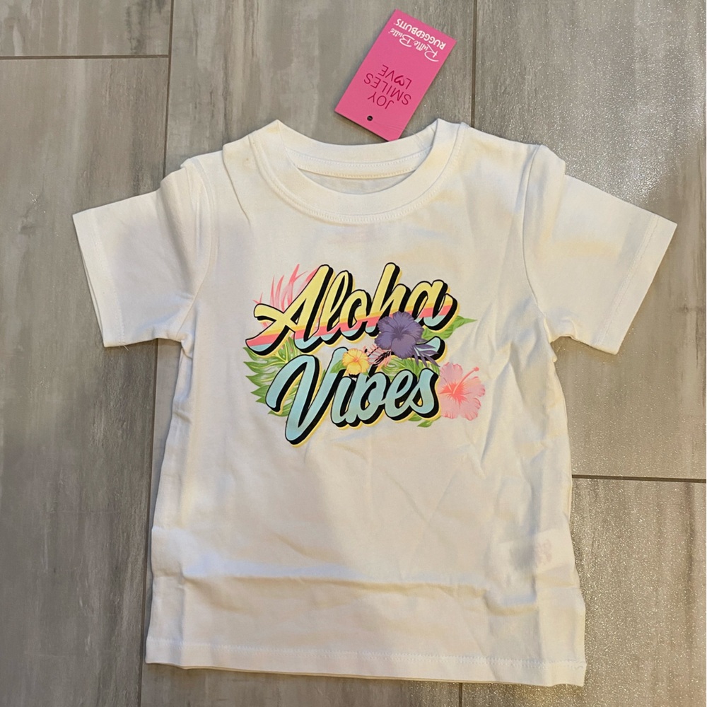 NWT RuffleButts Coastal Aloha Vibes White Crew Neck Graphic T-Shirt, girls 2T
